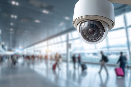 a modern security camera mounted on the ceiling of an international airport terminal