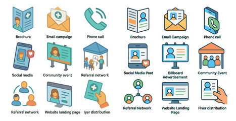 Health referral network icons set – flat, community, medical communication symbols