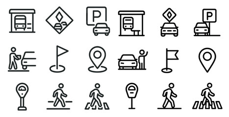 Transportation and parking outline icons set &ndash; traffic, location, public transport symbols
