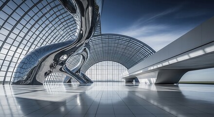 Modern and futuristic architectural structure with curved glass and metallic elements