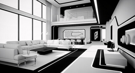 Futuristic Apartment Interior Modern Design in Black and White