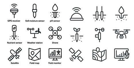 Fototapeta premium Agriculture and technology line icons set – outline, farming, precision tools