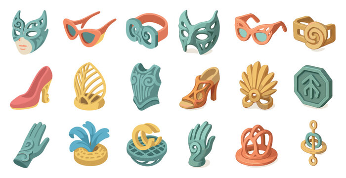 Masquerade and party isometric icons set - 3d masks, costumes, festive designs