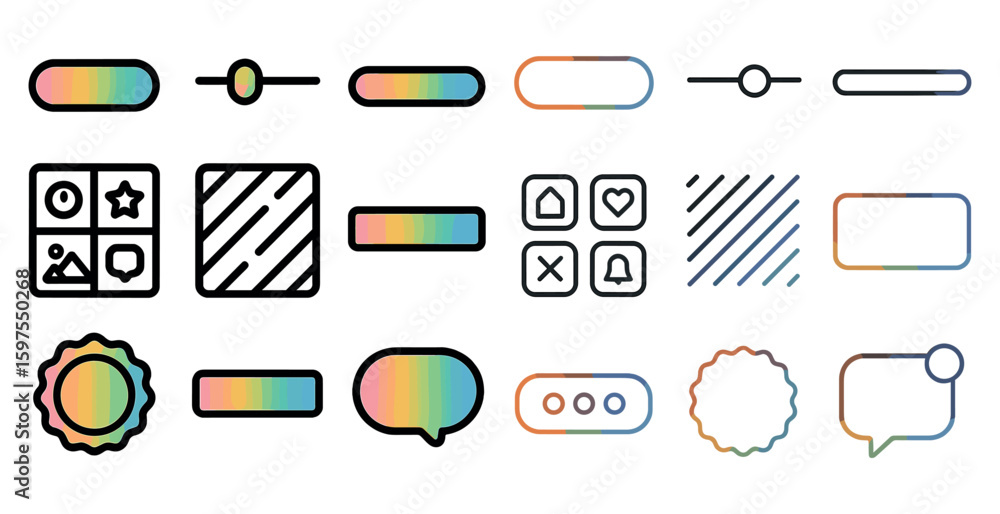 Aufkleber user interface outline icons set – linear, pixel art, digital and web design symbols