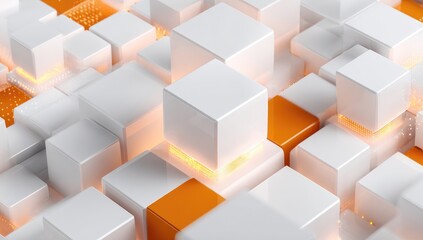 Abstract 3D render of white and orange cubes, glowing light accents