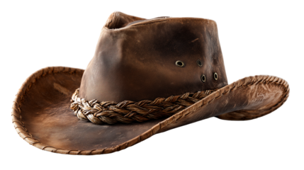 Old west inspired leather cowboy hat with high detail and rustic braided feature circling the dome on transparent background