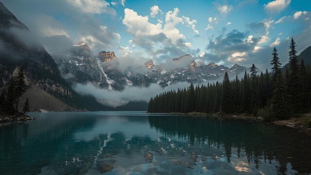 Reflection of mountains and forest on calm lake