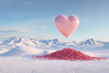 A pink heart-shaped balloon floats above a snowy landscape with a pile of small red objects