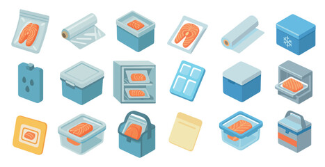Food storage isometric icons set &ndash; 3d, preservation, kitchen organization symbols