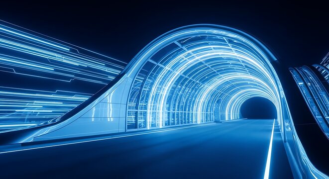Futuristic blue tunnel with glowing light trails and modern design