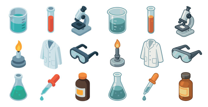 Science and laboratory icons set in isometric style – research, chemistry, lab tools