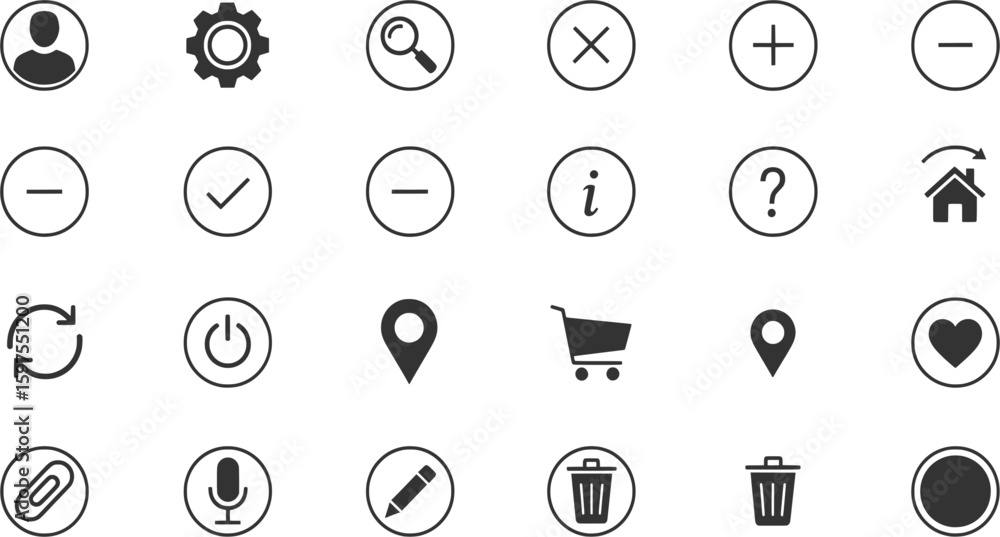 Poster a set of simple, black and white icons representing various user interface elements.