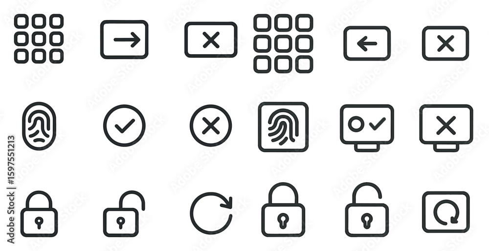 Poster security and access control outline icons set – solid, linear, lock and protection symbols