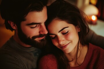 A loving couple enjoying a tender moment together, capturing the essence of romance and connection in a cozy indoor setting with soft, warm lighting.