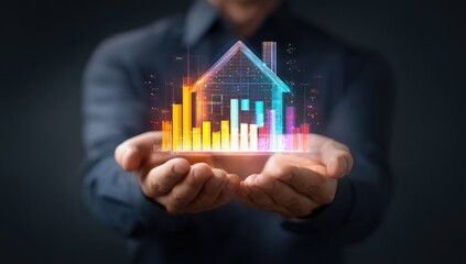 Hands holding a holographic house with financial data