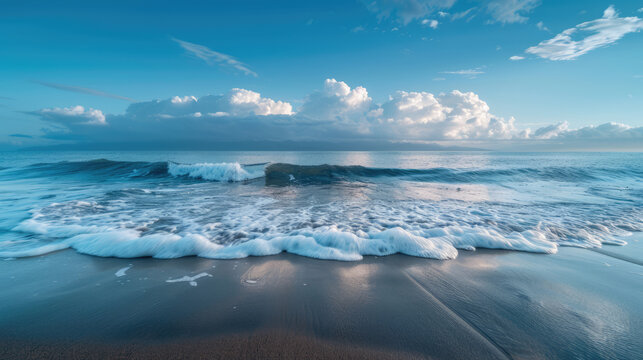 Waves rolling onto shore under a expansive, serene sky, a peaceful seascape that invites relaxation.