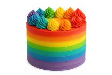 Rainbow-layered cake featuring vibrant frosting swirls, celebrating culinary creativity on transparent backdrop