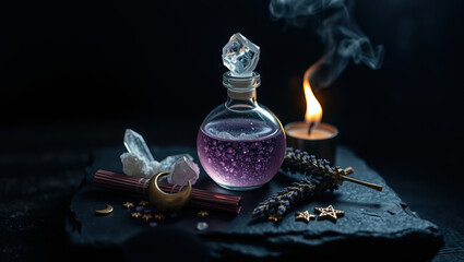 Purple liquid bottle mystic still life