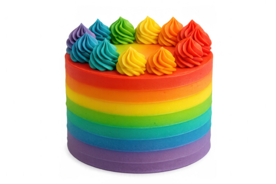 Rainbow-layered cake featuring vibrant frosting swirls, celebrating culinary creativity on transparent backdrop