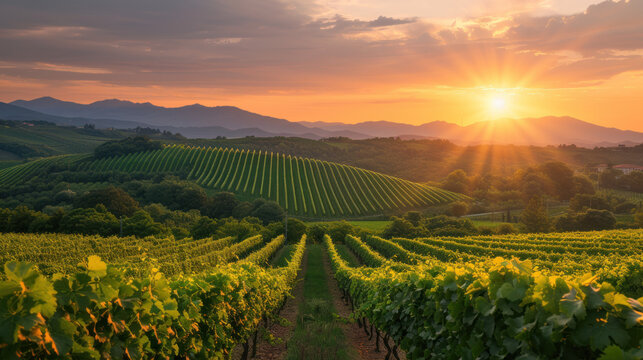 Vineyard at sunset: Rows of grapevines stretch across rolling hills, bathed in golden light with mountains afar.