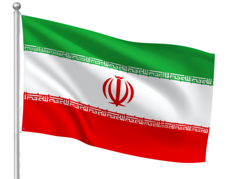 Waving Iranian Flag with Emblem and Kufic Script, Side-Angled View, Isolated PNG.