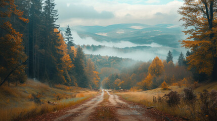 Autumn landscape: forest road, misty mountains, golden foliage under cloudy skies. Serene natural beauty.