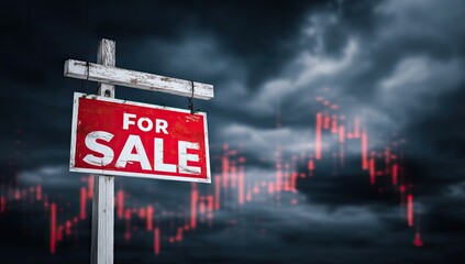For Sale sign against stormy financial backdrop