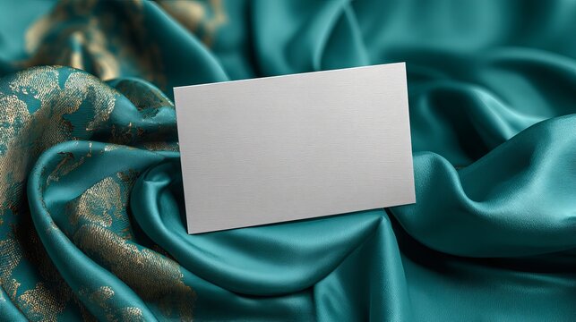 Elegant blank card on flowing teal and gold fabric ready for personalized message or professional branding