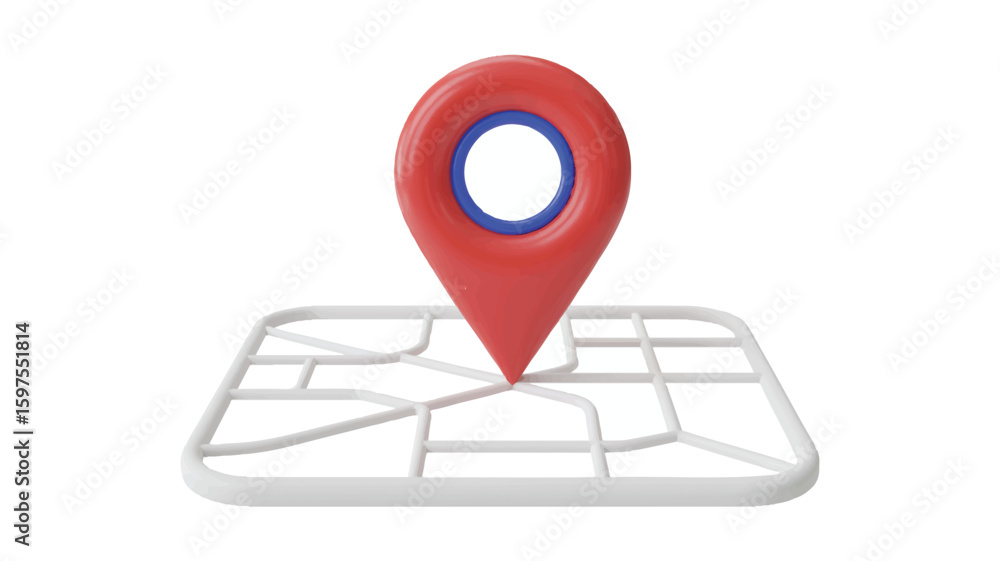 Poster a 3d illustration of a red location pin marker on a white map interface.