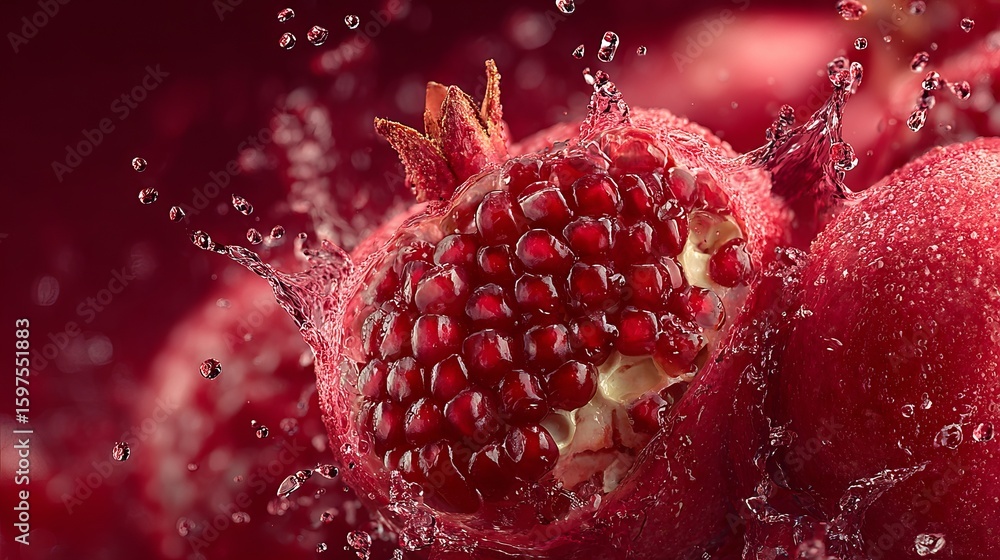 Poster vibrant pomegranate half exploding with refreshing water droplets against deep red background