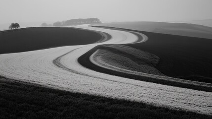 Black and white landscape with winding rows