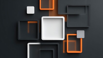 Abstract geometric design with overlapping squares in black, white, and orange