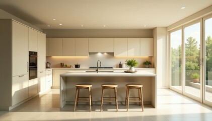 Fototapeta premium Creamy beige kitchen, substantial island with seating, natural light flooding space, style, sunny