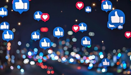 Digital feedback icons including floating likes and hearts drift over an abstract bokeh light background symbolizing online connection.