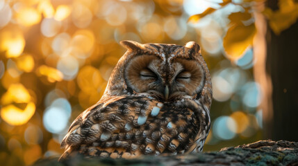 Resting Owl: A feathered friend pauses amidst the golden hues of an autumnal forest, seeking serene calm.