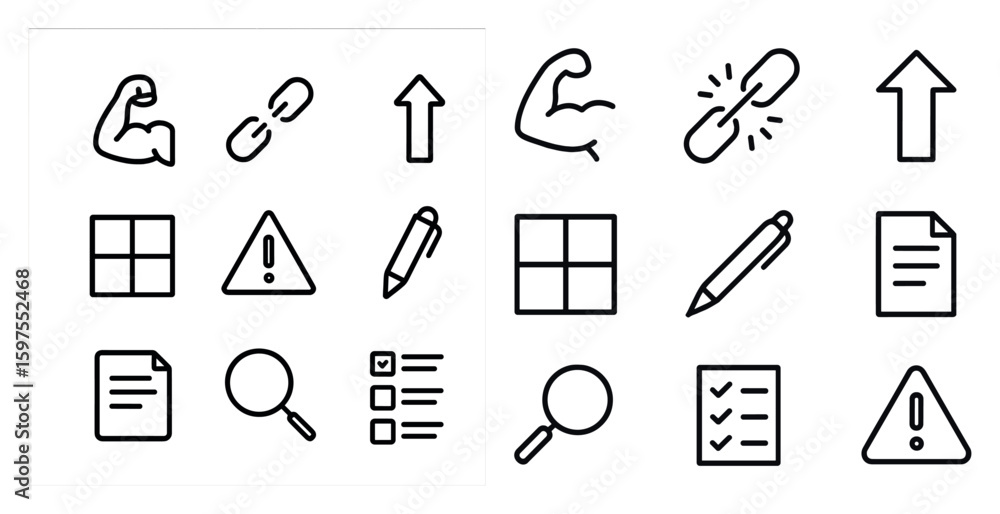 Poster productivity and alerts line icons set – outline, linear, workflow and task management symbols