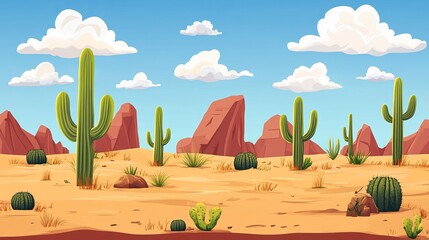 Desert landscape, cacti, rocks, blue sky