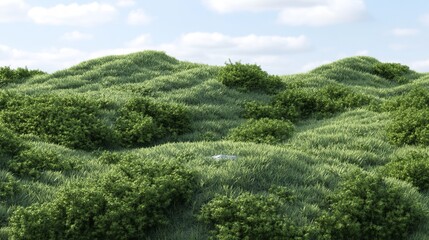 Lush green hills and bushes under a partly cloudy sky