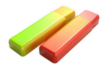 Two rectangular erasers yellow green and red isolated on transparent background