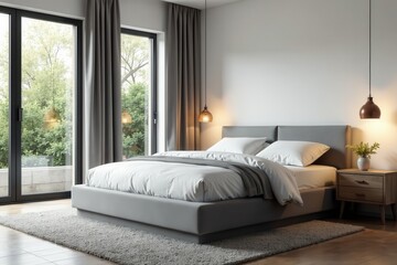 Fototapeta premium Gray platform bed in spacious, bright bedroom, modern, simple, comfort