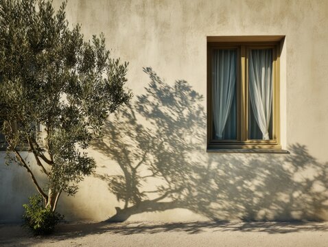 A tree casts a shadow on the ground. A window is visible in the background. The window is open and the curtains are drawn - Powered by Adobe