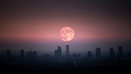 Ethereal Pink Moon Ascends over Cityscape at Dusk Casting a Dreamy Glow on the Skyline and Modern Architecture