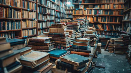 Obraz premium Stacks of aged books fill the shelves and tables of an old library, creating a rich, nostalgic atmosphere.