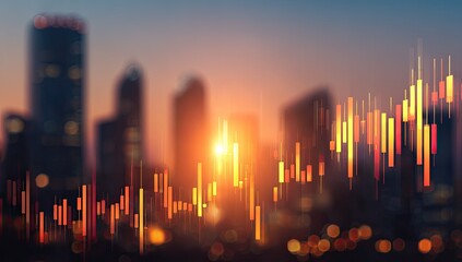 Abstract cityscape with financial chart overlay