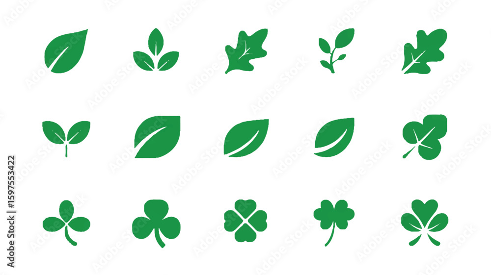 Poster a collection of 18 minimalist green leaf and clover icons arranged in a 3x6 grid on a white backgrou