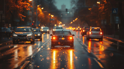 Fototapeta premium City street at night, cars with lights reflecting on the wet asphalt after rain. Car driving.