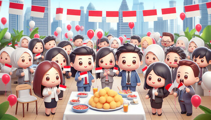 Business Team with Red and White Flags. Office Celebration