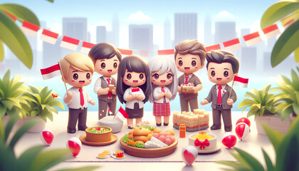 Business Team with Red and White Flags. Office Celebration