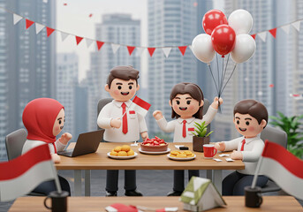 Business Team with Red and White Flags. Office Celebration