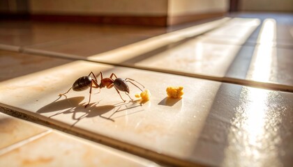 A macro photo of a single ant carrying a food crumb